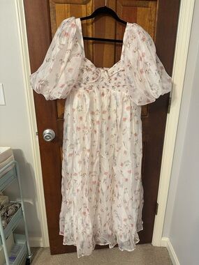 White Floral Midi Dress with Puff Sleeves